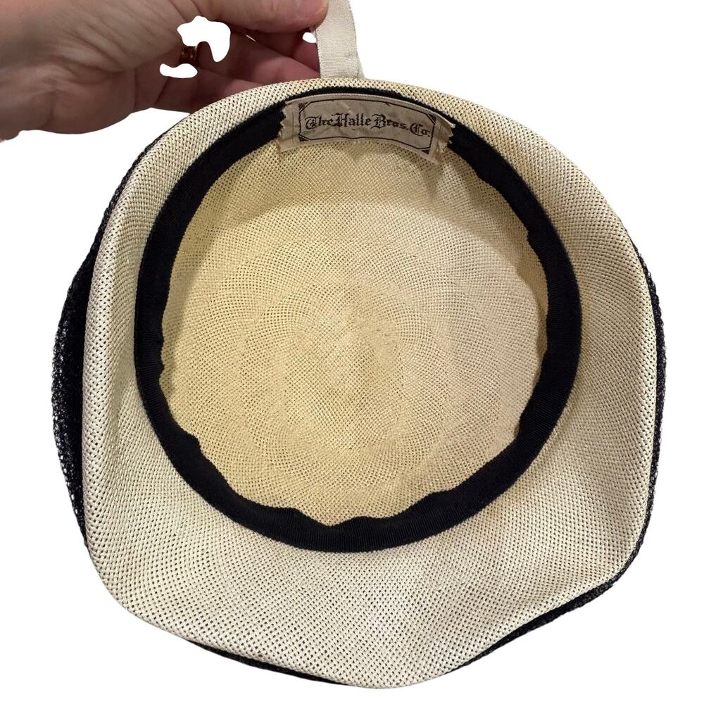 Vintage Mid Century Halle Bros Co White straw hat black netting & velvet bow - Picture 7 of 9